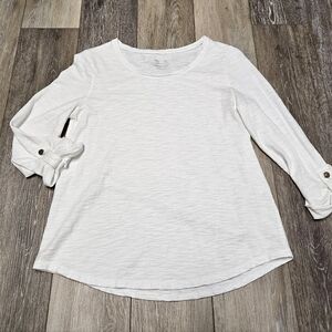 Chico’s Crewneck 3/4 Sleeve Blouse Top White Women's Small Size 0 Casual Classic